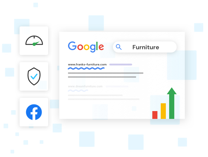 Graphical display; Google Ads logo, Facebook logo; Security shield with green check mark, speedometer