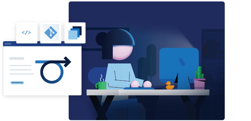 Developer working at desk with git icons in the foreground