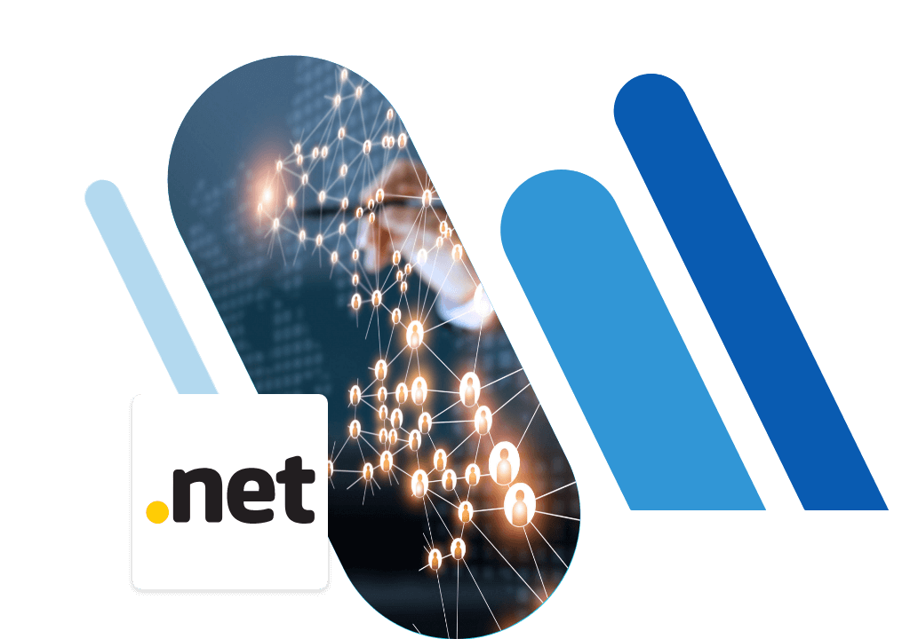 .net domain logo and luminous dots interconnected with blue bars