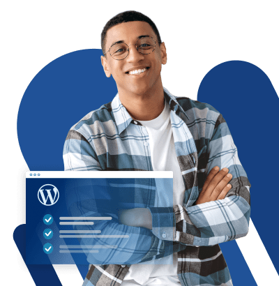 WordPress user standing with website in the foreground