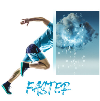 Collage: A sprinter getting ready to take off; A stormy cloud pouring numbers instead of rain; The word faster 