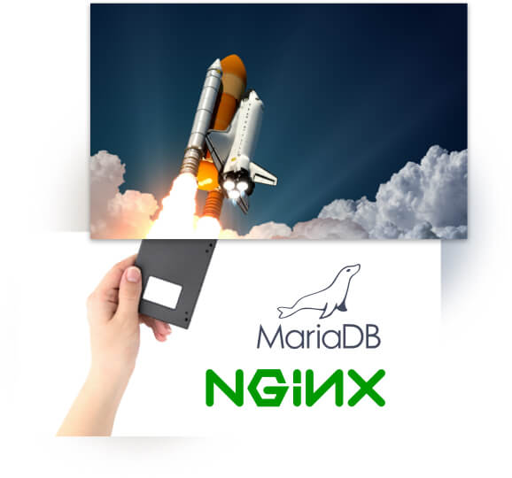 Collage: Rocket; Hand; MariaDB and NGINX logos
