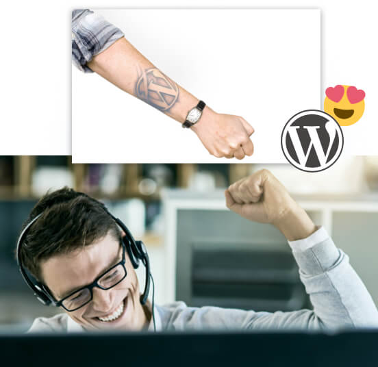 Collage: Man wearing a headset with his arm held above his head; Tattooed arm with WordPress logo; WordPress logo next to a smiley 