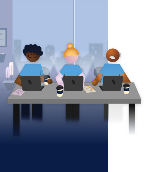 Animated agency staff sitting with laptops