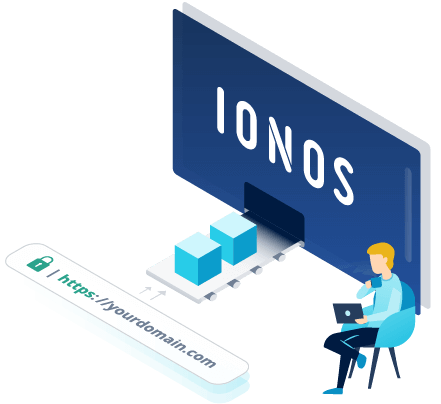 Graphical display: Domain transfer logo from IONOS; Person sitting in a chair using a tablet 