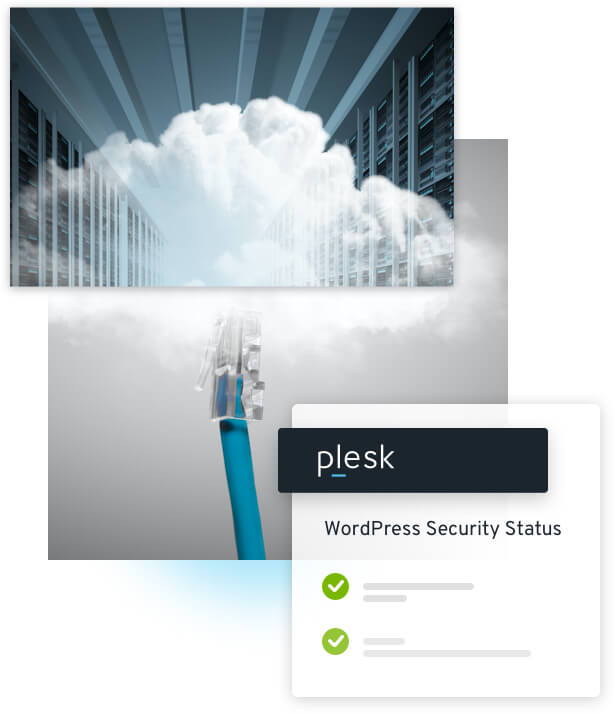 Server rack surrounded in clouds; Plesk dashboard; WordPress Security Status 