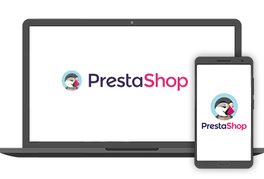 El logo de Prestashop aparece en el monitor y en el smartphone