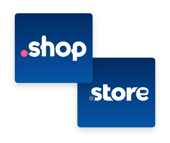 .shop and .store logos on a blue background.